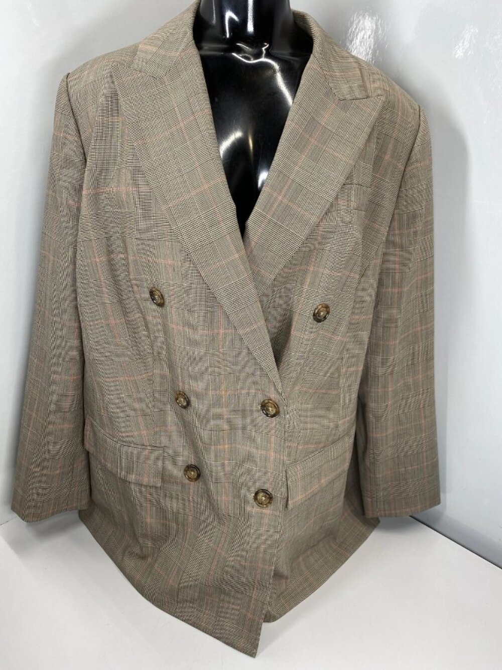 NEW LAUREN RALPH LAUREN Glen Check Double-Breasted Blazer Size 16W Tan/Pink